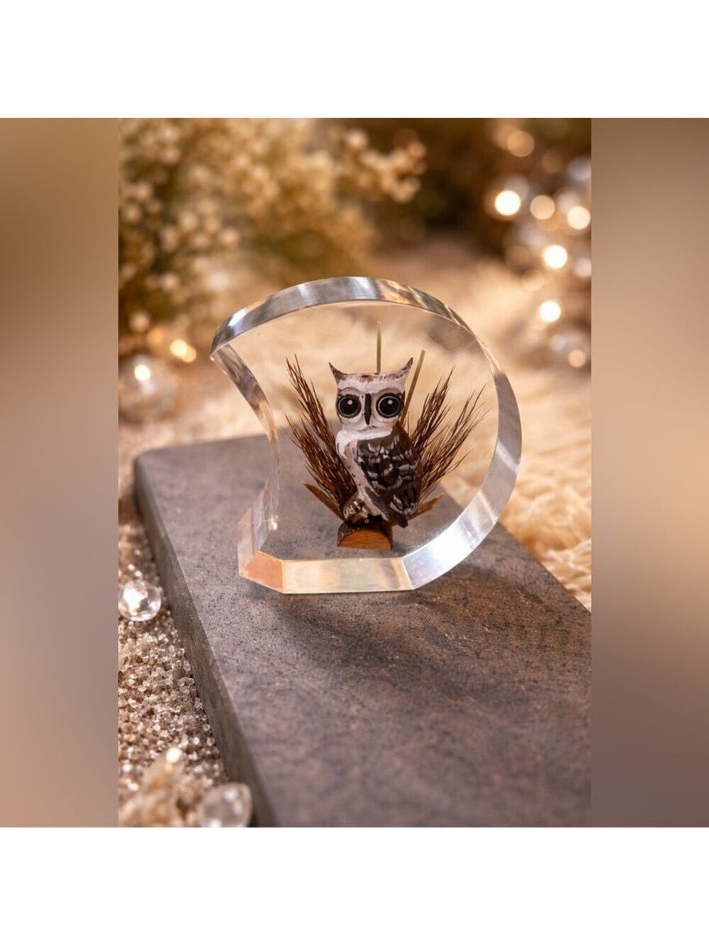 Vintage 1970s Lucite Owl in Crescent Moon Paperweight Hand-Carved Bird Figurine